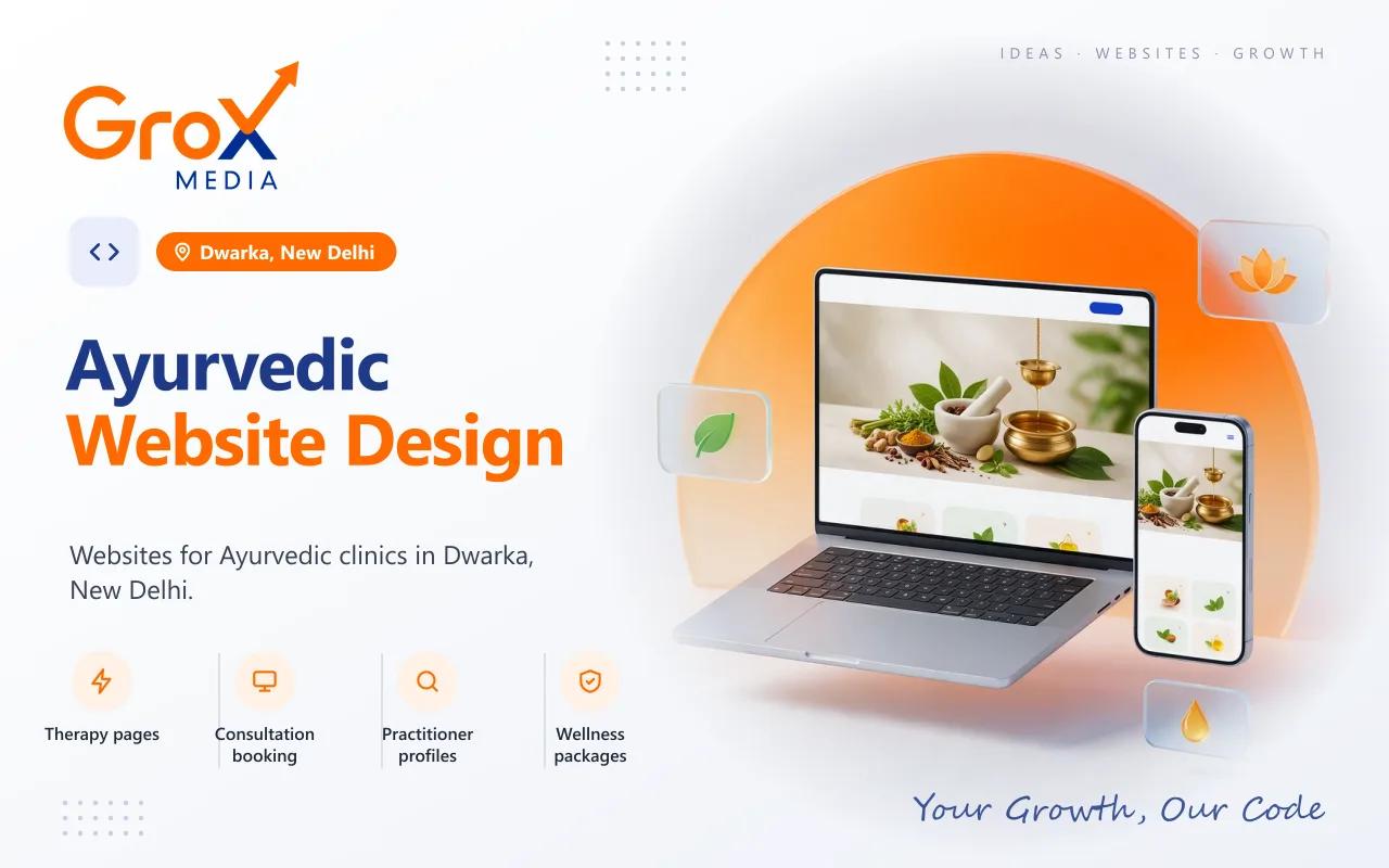 Ayurvedic Website Designing Company in Dwarka — Grox Media ayurvedic website on laptop and mobile