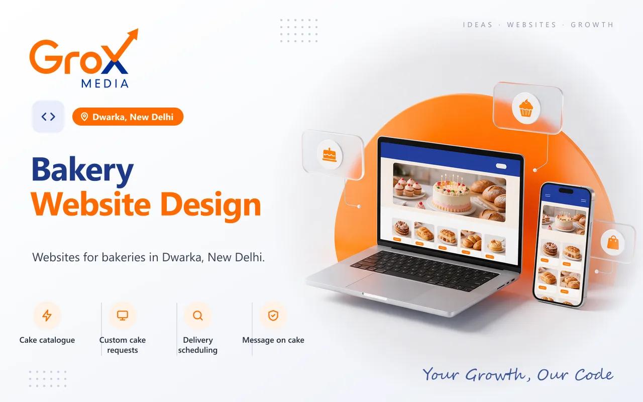 Bakery Website Designing Company in Dwarka — Grox Media bakery website on laptop and mobile
