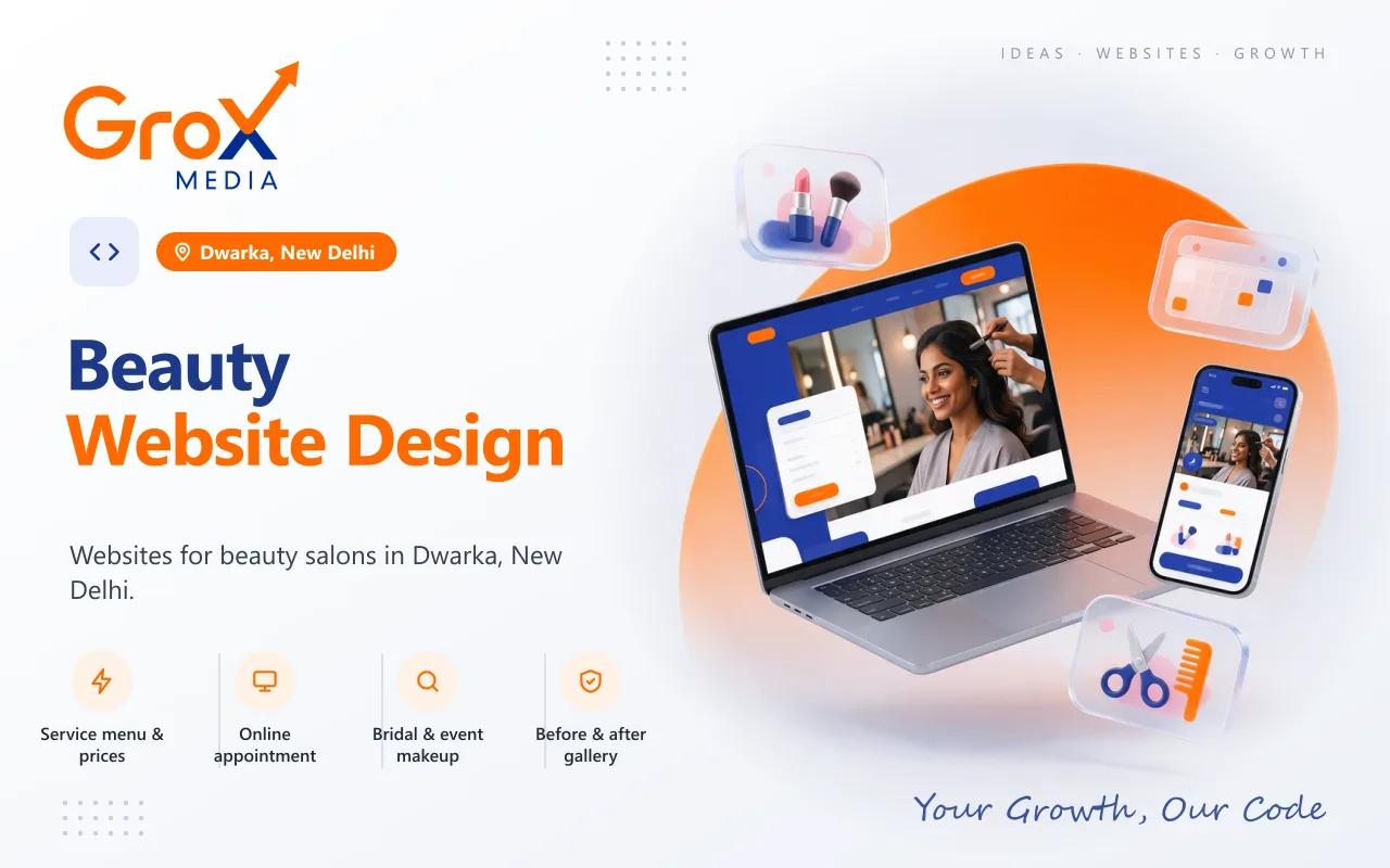 Beauty Website Designing Company in Dwarka — Grox Media beauty website on laptop and mobile