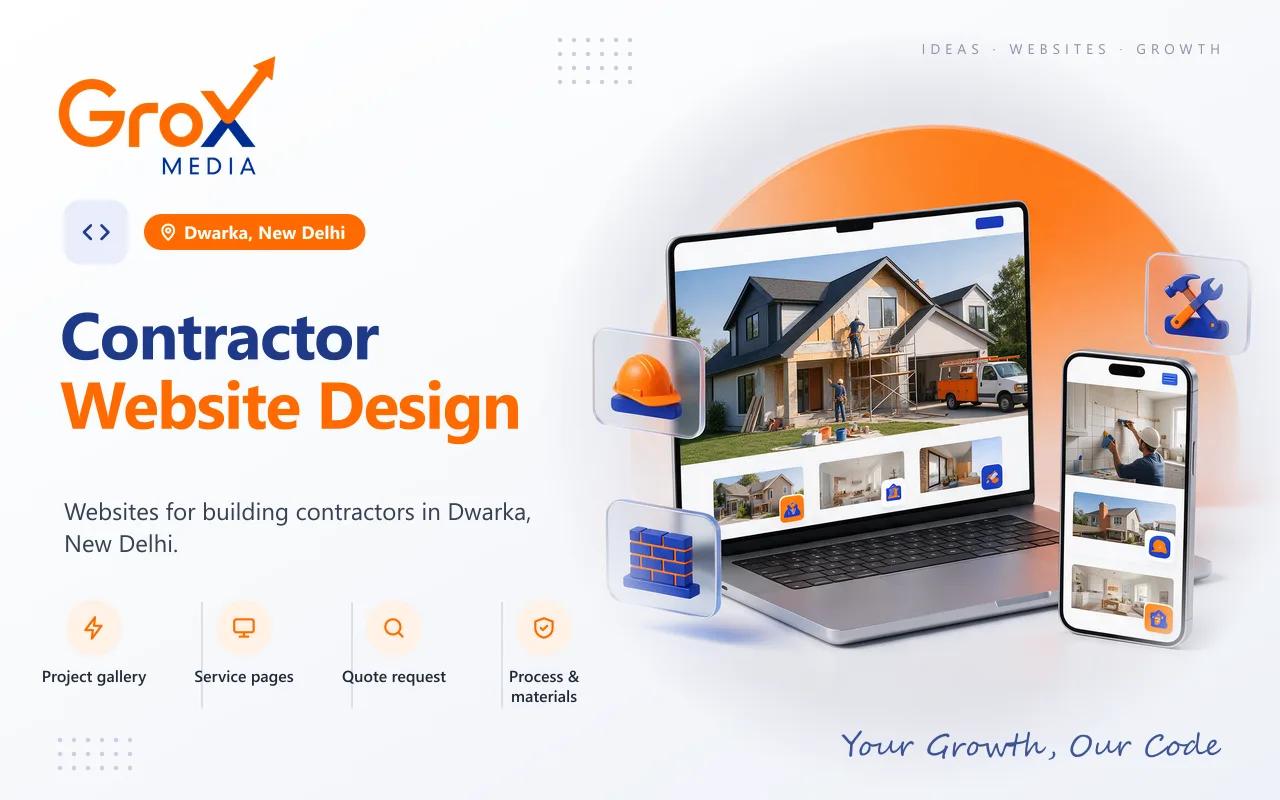 Contractor Website Designing Company in Dwarka — Grox Media contractor website on laptop and mobile