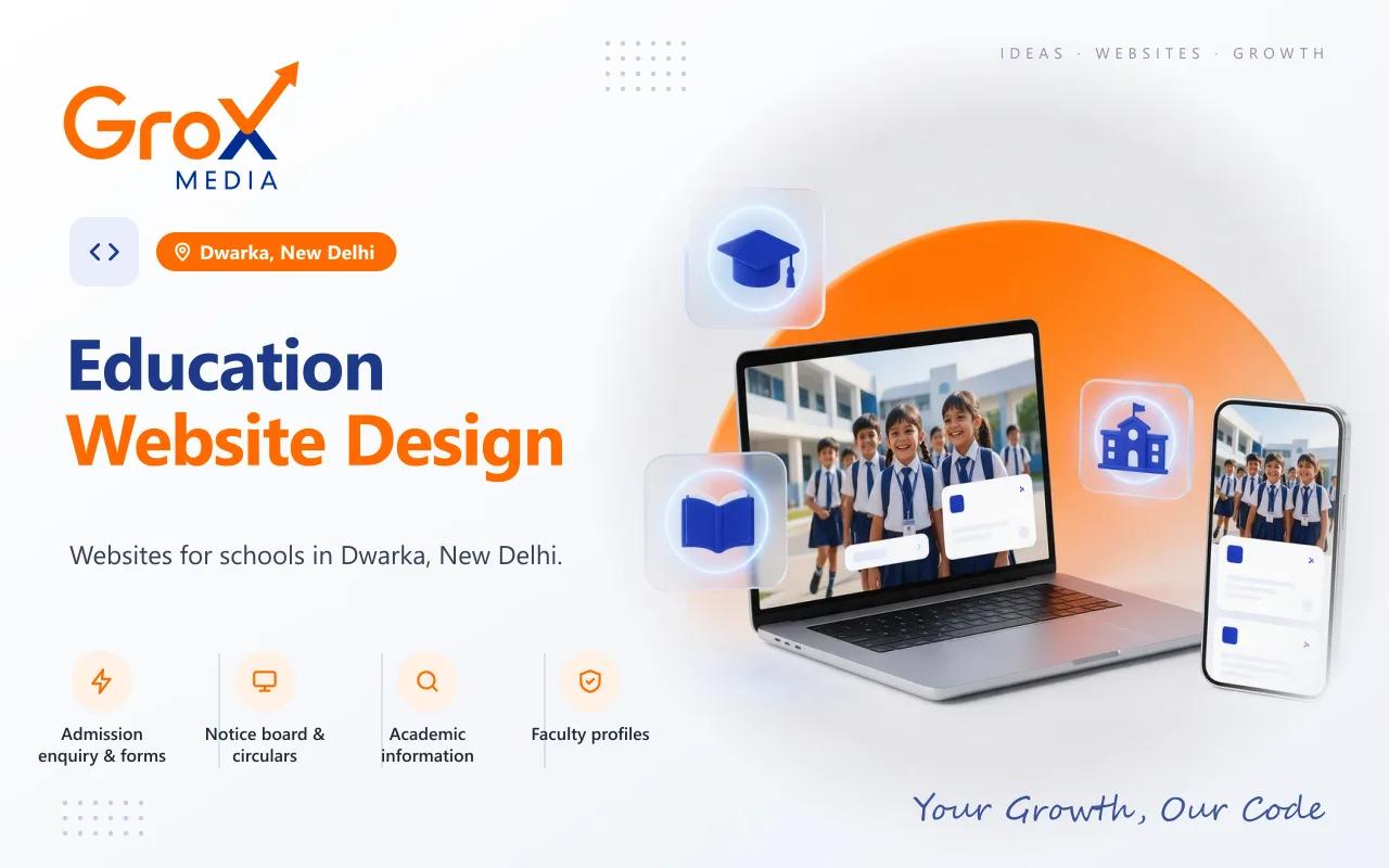 Education Website Designing Company in Dwarka — Grox Media education website on laptop and mobile