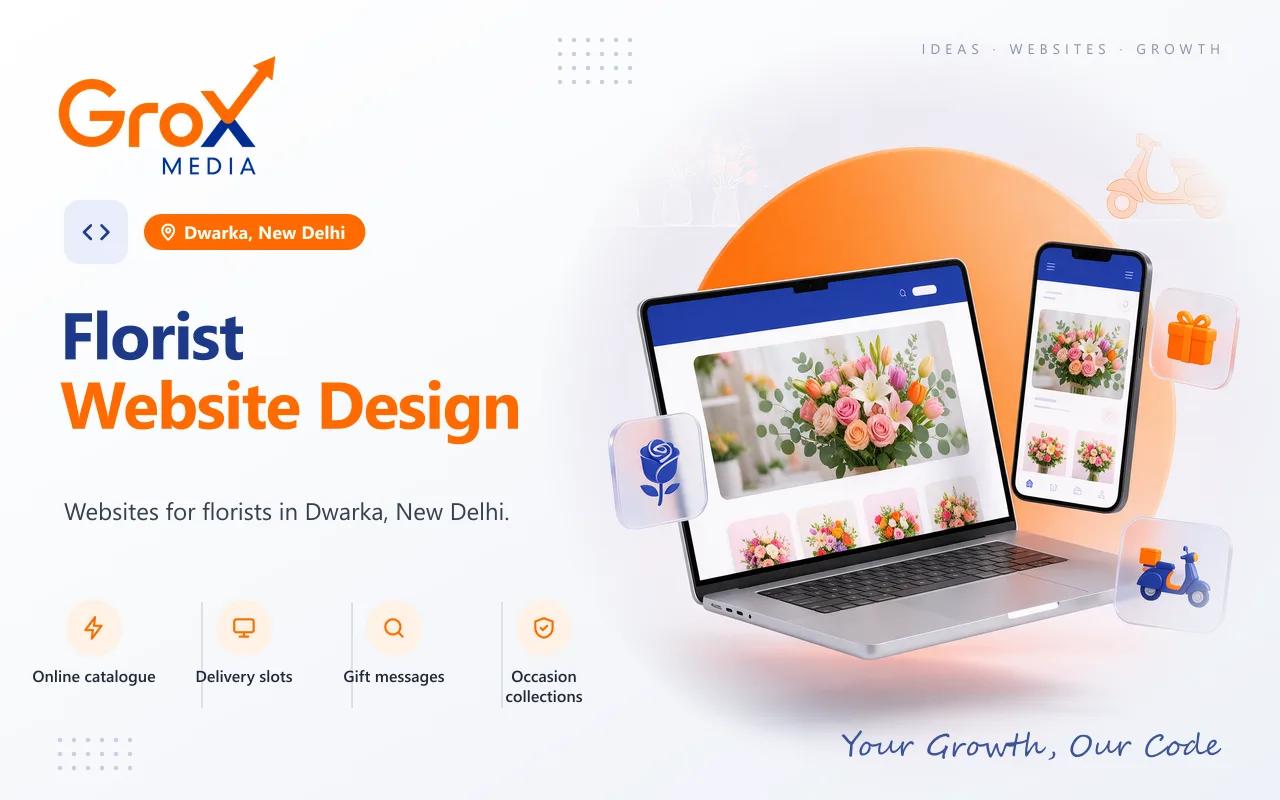 Florist Website Designing Company in Dwarka — Grox Media florist website on laptop and mobile