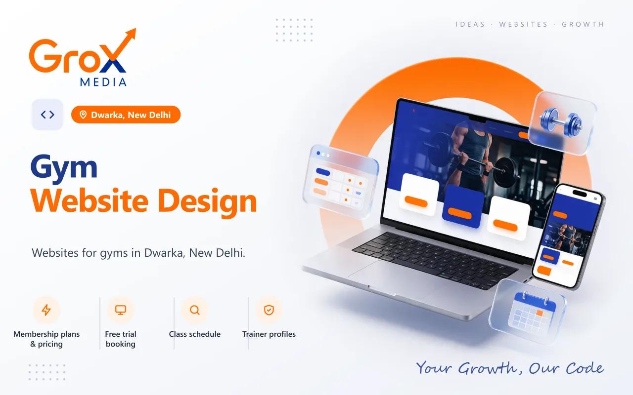 Gym Website Designing Company in Dwarka — Grox Media gym website on laptop and mobile