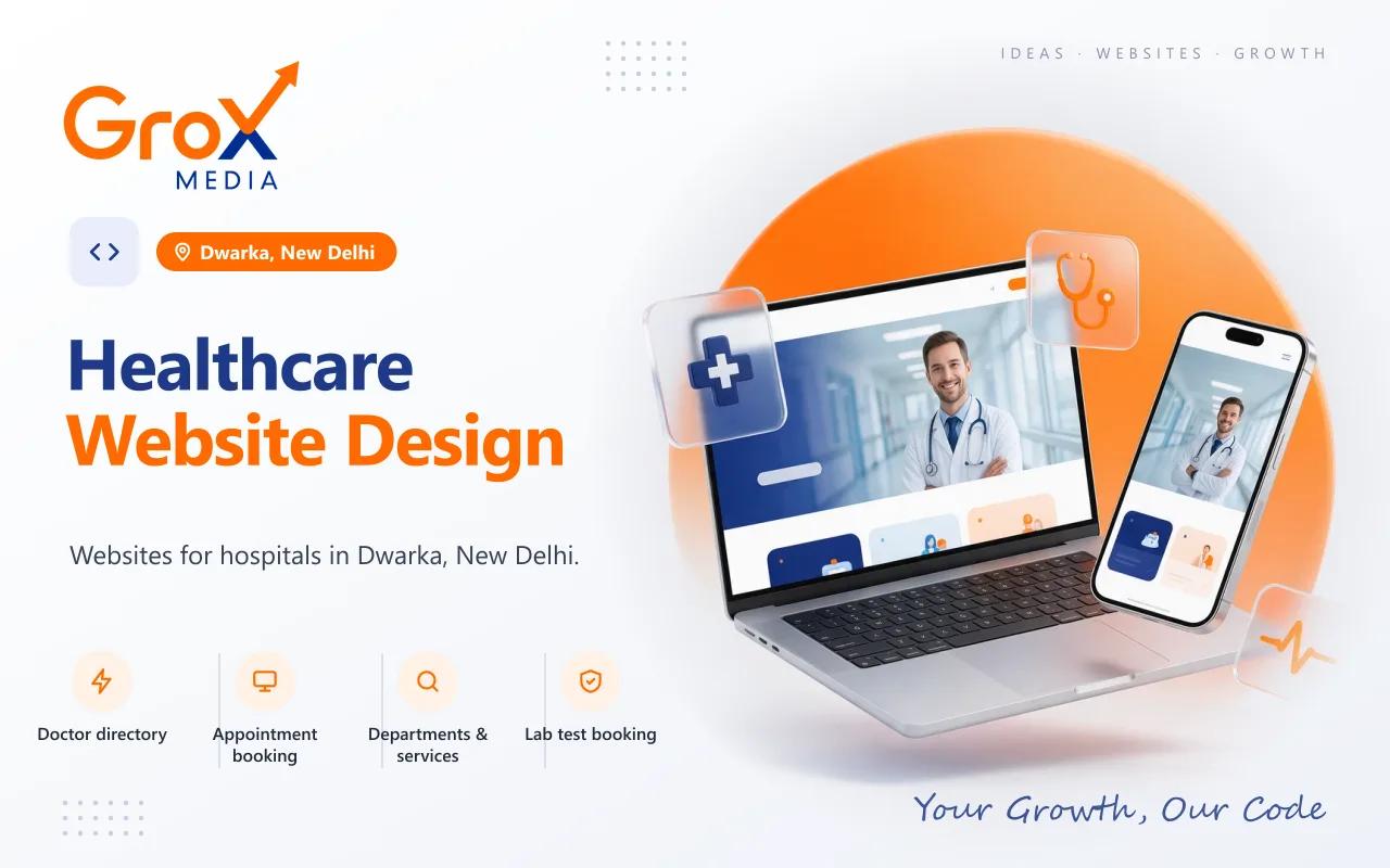Healthcare Website Designing Company in Dwarka — Grox Media healthcare website on laptop and mobile