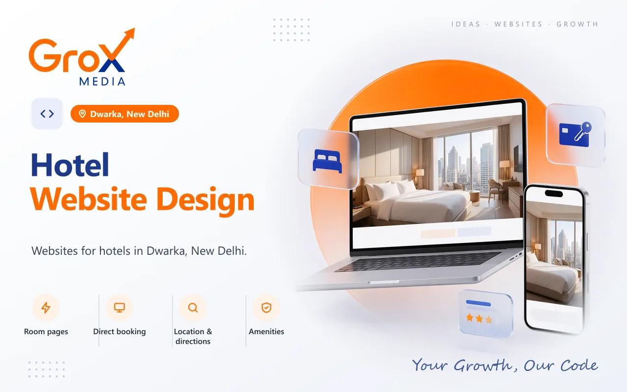 Hotel Website Designing Company in Dwarka — Grox Media hotel website on laptop and mobile
