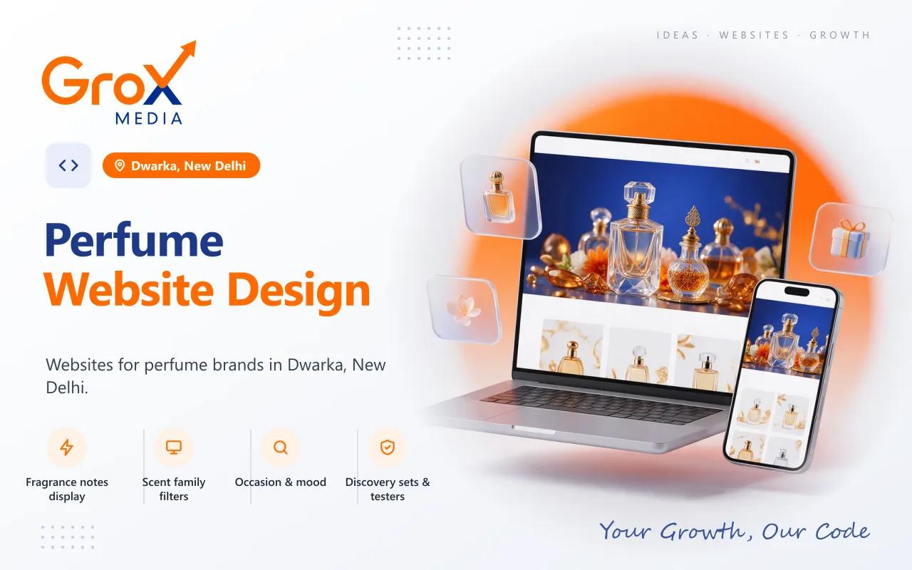 Perfume Website Designing Company in Dwarka — Grox Media perfume website on laptop and mobile