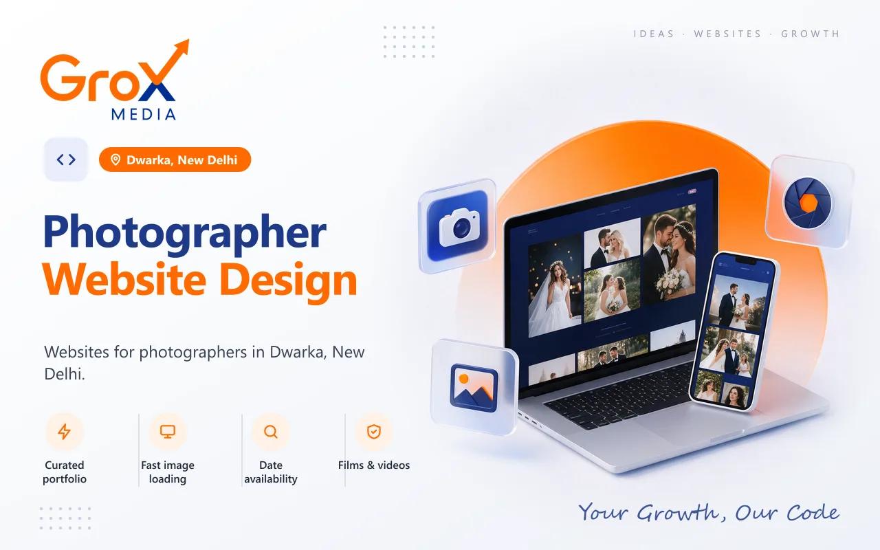 Photographer Website Designing Company in Dwarka — Grox Media photographer website on laptop and mobile