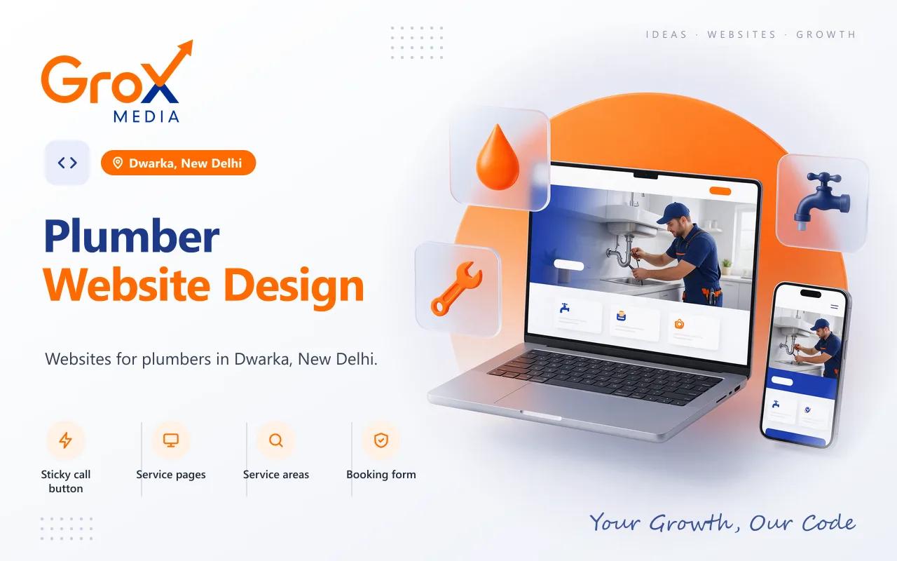 Plumber Website Designing Company in Dwarka — Grox Media plumber website on laptop and mobile