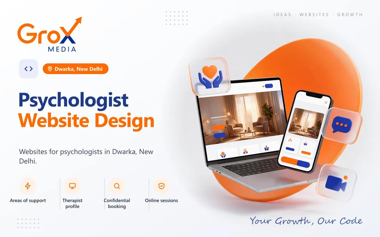 Psychologist Website Designing Company in Dwarka — Grox Media psychologist website on laptop and mobile