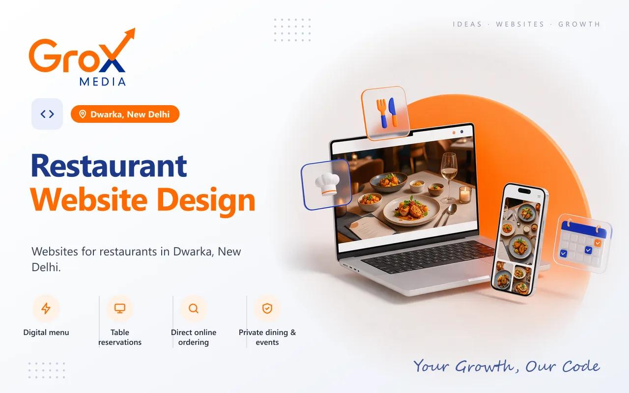Restaurant Website Designing Company in Dwarka — Grox Media restaurant website on laptop and mobile
