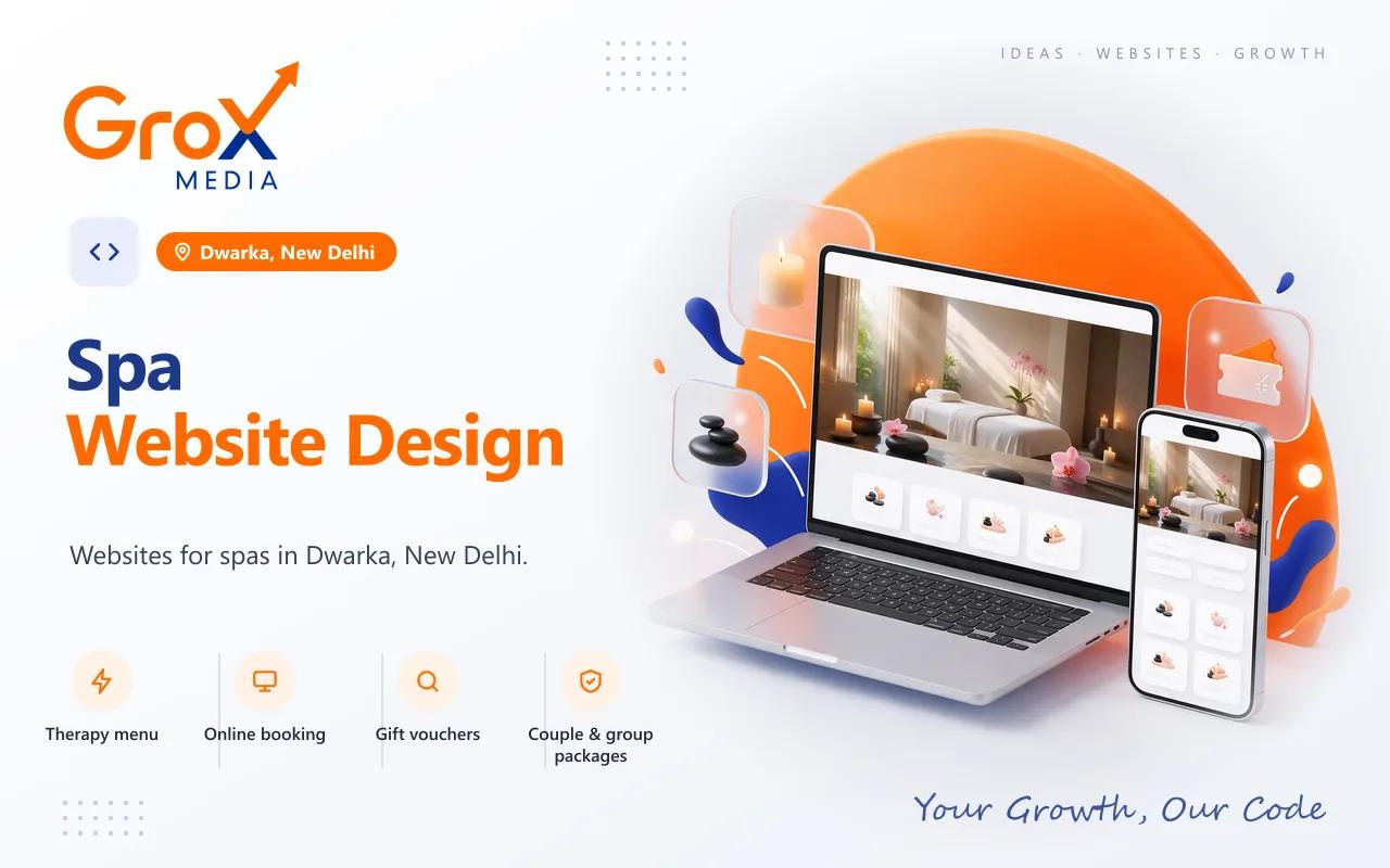 Spa Website Designing Company in Dwarka — Grox Media spa website on laptop and mobile