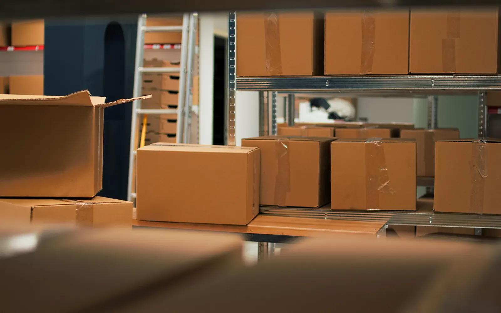 Warehouse storage shelves filled with packaged products