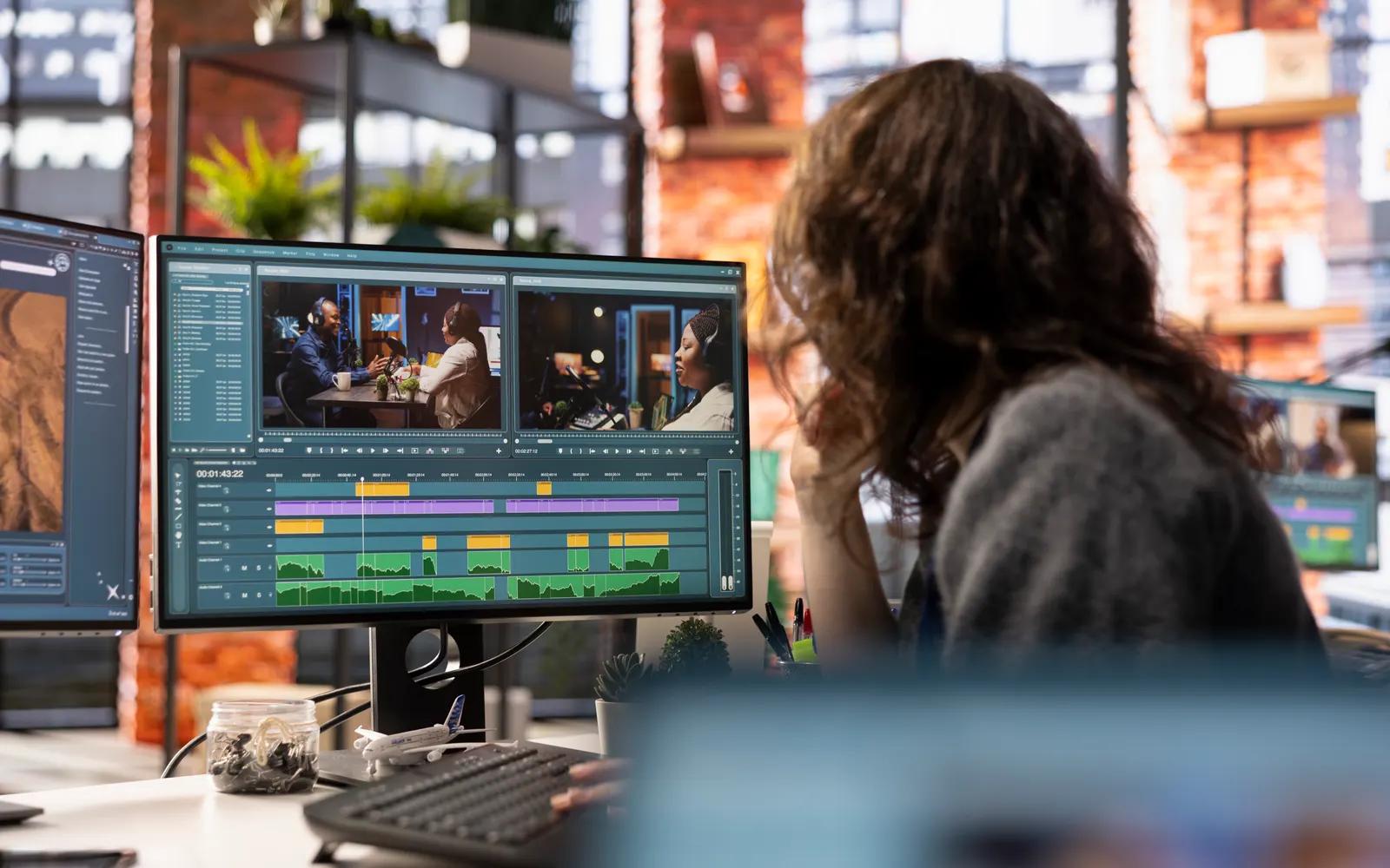 Video editor working on footage across dual monitors